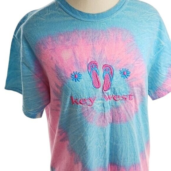 Key West Womens M Tie Dye T Shirt Blue Pink Flip Flop Graphic Short Sleeve Tee - Picture 3 of 6